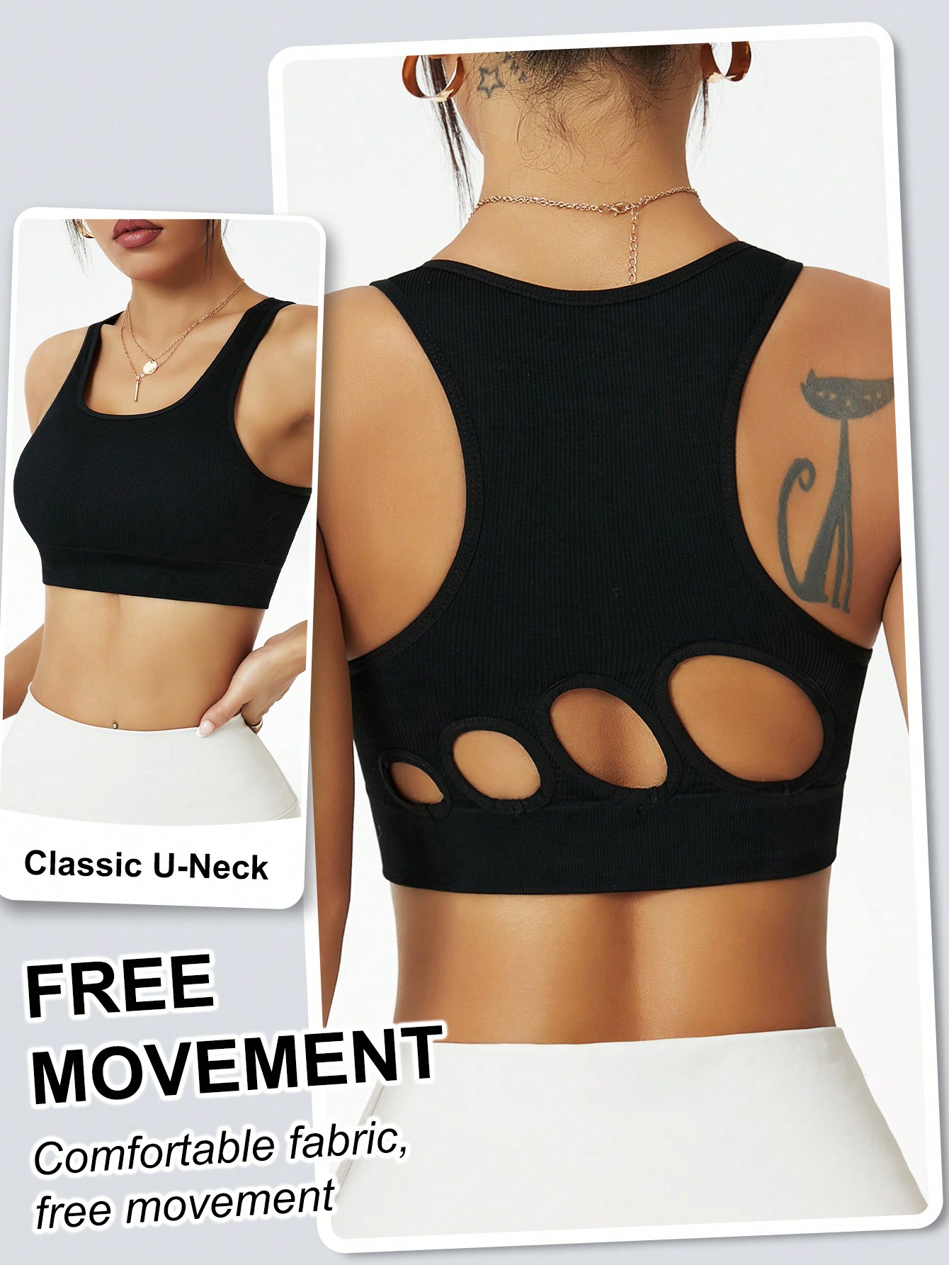 Seamless Ribbed Workout Tank Top - 女性用リブ編みシームレススポーツブラ、カットアウトバックレーサーバックヨガブラ、パッド入りUネックワークアウトクロップトップ、ジムフィットネスアクティブウェア、ブラック