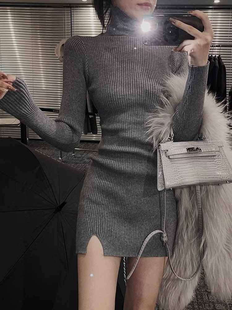 Bodycon Long Sleeve Ribbed Dress - レディース ボディコン ミニニットドレス タートルネック ソリッドグレー リブ編み