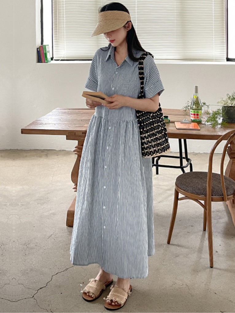 Korean Style A Line Shirt Dress - レトロ韓国風ルーズフィットスリムストライプシャツワンピース レディースカジュアル大きいサイズ綿麻マキシスカートAラインワンピース