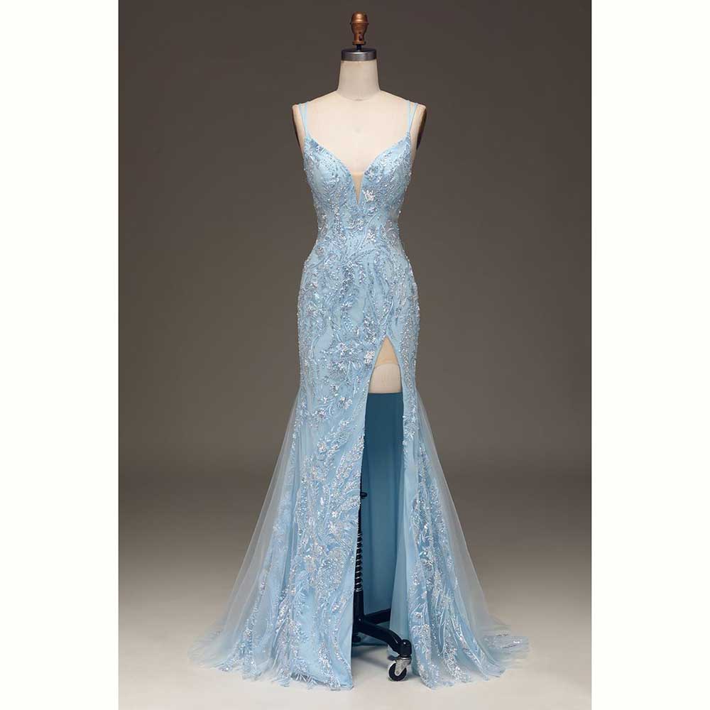 Elegant Satin Evening Gown Split - エレガントなライトブルーサテン女性イブニングパーティードレスセクシーなハイサイドスプリットフロアレングストランペット恋人女性ウエディングドレス