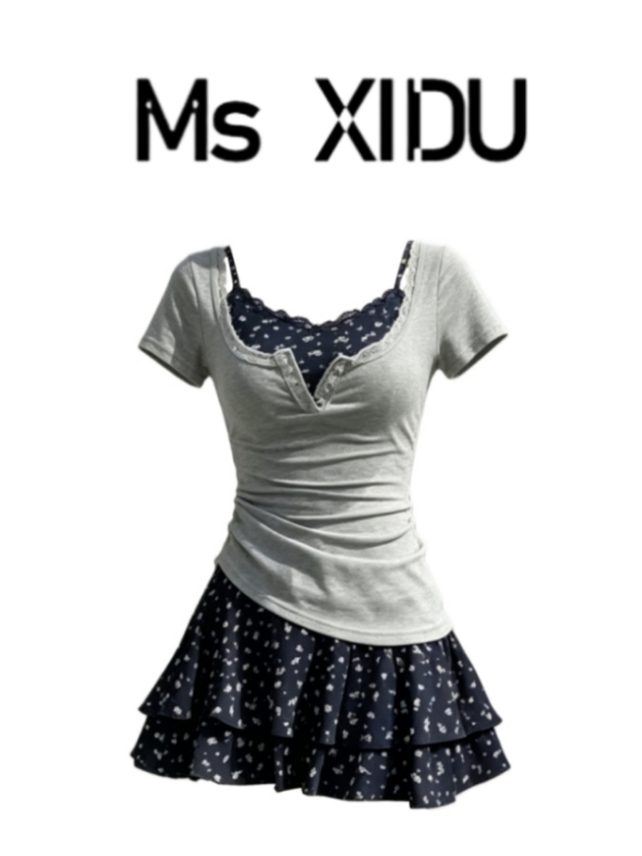 Korean Style A Line Shirt Dress - 韓国風夏服セット レディース ウエストカット花柄ストラップドレス 半袖Tシャツ重ね着ツーピースセット カジュアルAラインスカート