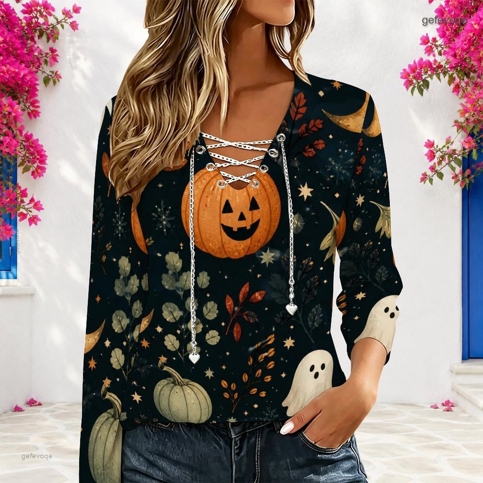 Blouses - 女性用Vネック長袖トップス、メタルチェーン、クロスレースアップ、カットアウト、ルーズカジュアルブラウス、カスタムプリント、レディースウェスタンスタイルTシャツ