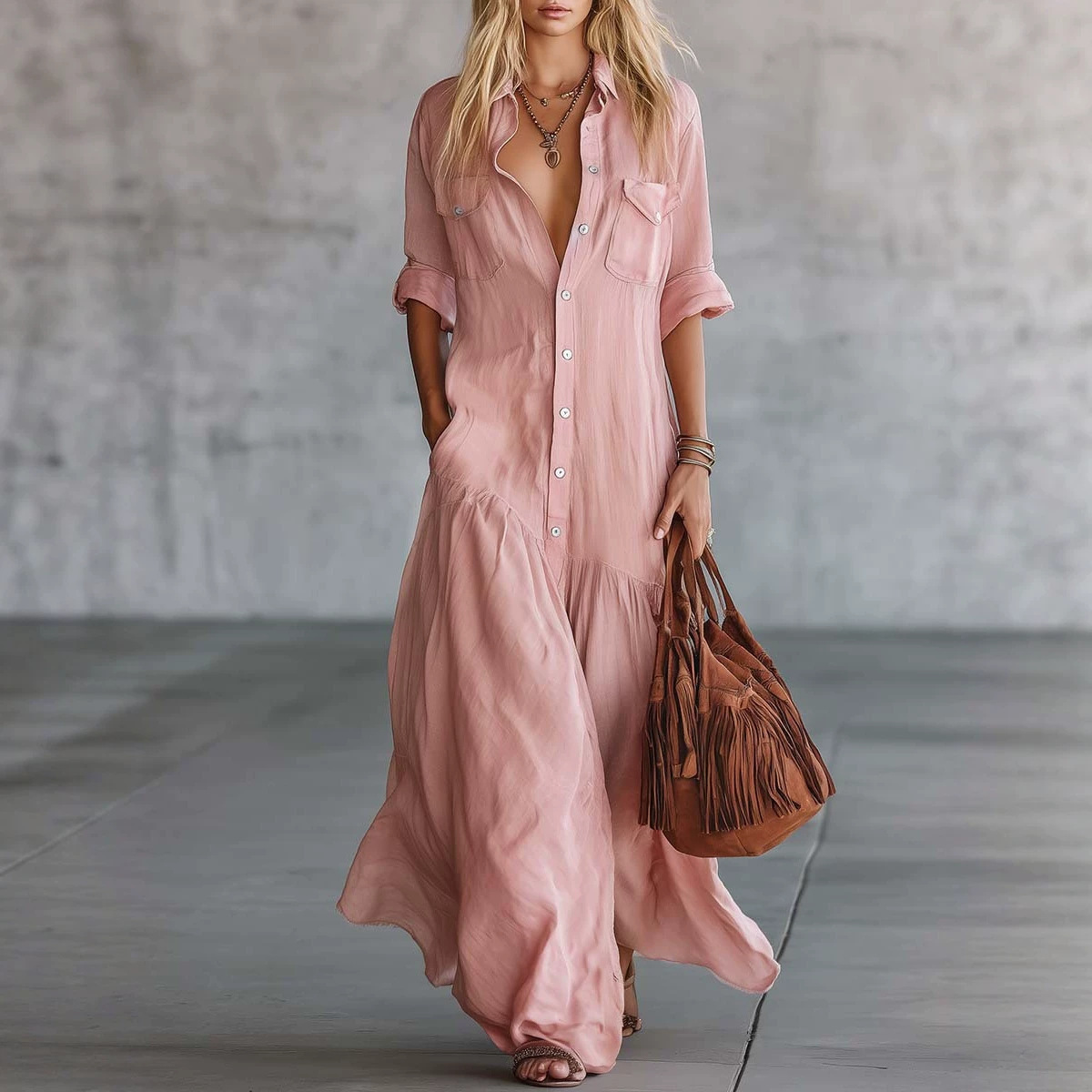 Casual Loose Linen Shirt Dress - 2026年女性用夏物コットンリネンマキシシャツドレス、長袖ボタンダウン、ゆったりポケット付き、カジュアルなバケーションウェア