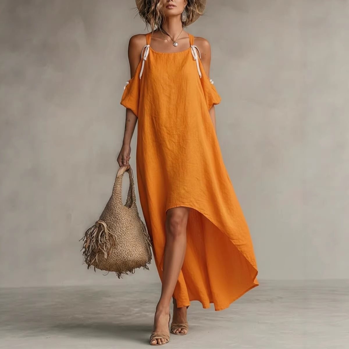 Off Shoulder Puff Sleeve Sundress - 夏の女性用ドレス パフスリーブ ホルターネックドレス レディース サマー ルーズフィット
