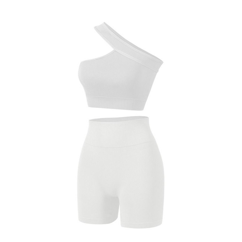Seamless Ribbed Workout Tank Top - 2ピース快適シームレス女性用ワークアウトセット リブ編みハイウエストアクティブウェア ワンショルダートップス ヨガウェア ジムウェア