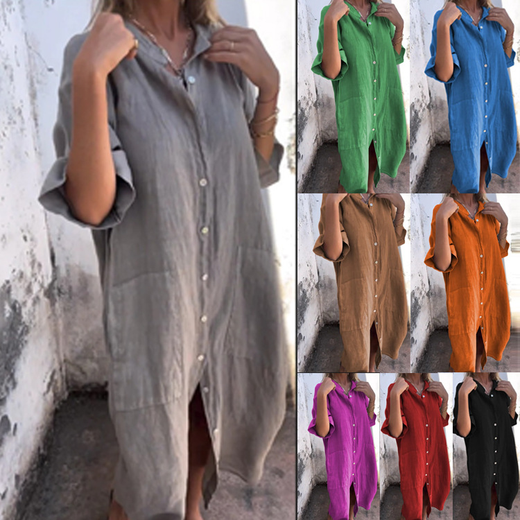 Casual Loose Linen Shirt Dress - 2026年レディースオールドマネーシャツワンピース、ゆったりとしたボタンポケット付き、半袖、無地、カジュアル、ロング丈、コットンとリネン素材のシャツワンピース
