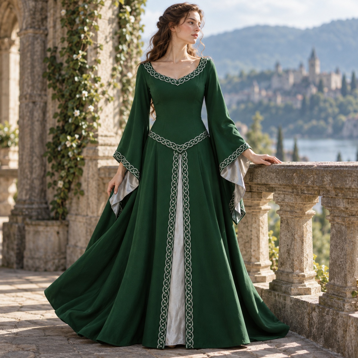 Dresses - 長袖、丸襟、ミディ丈、シームレスなフレアスカート、ハイウエスト、レギュラー袖、レトロな雰囲気の夏用ワンピース（女性向け）。