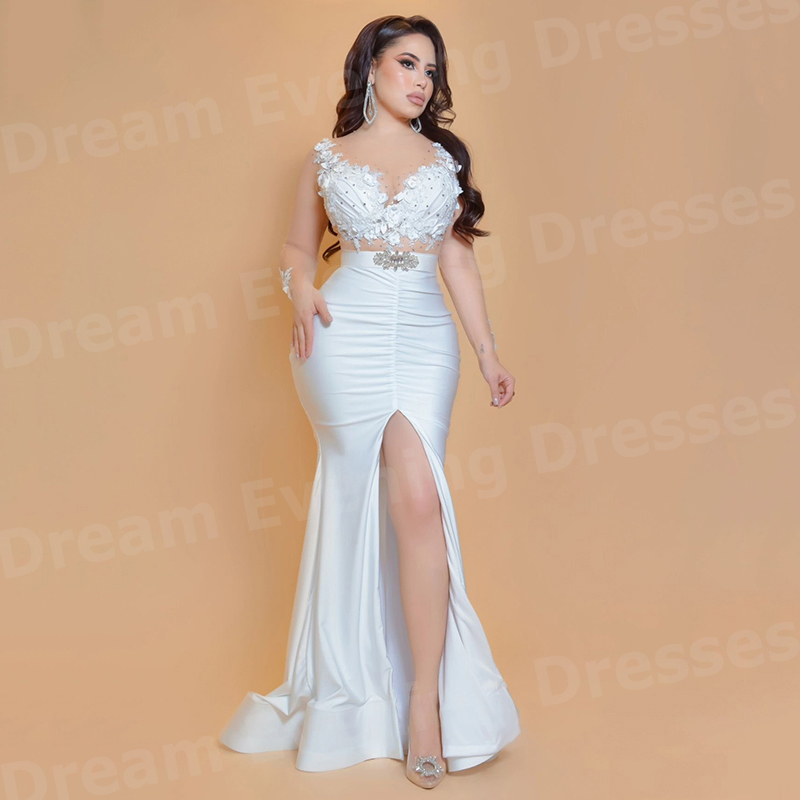 Elegant Satin Evening Gown Split - エレガントなホワイトマーメイド女性のイブニングドレス長袖カスタマイズされたアップリケウエディングドレスセクシーなスプリットプリーツ Vestidos Para Mujer