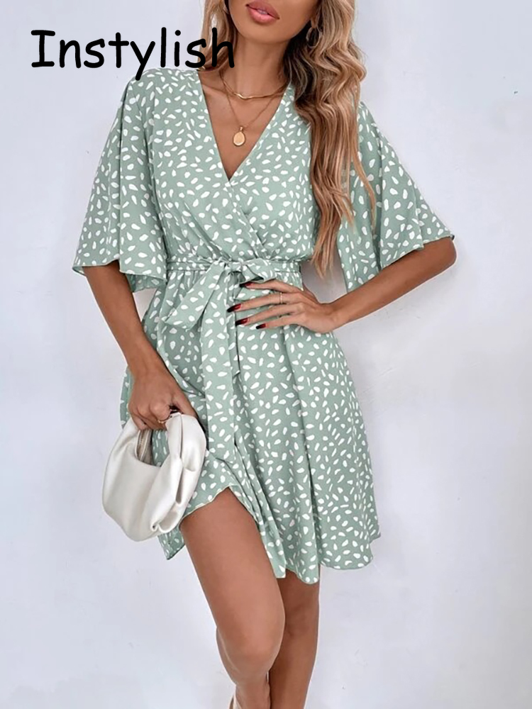 French Vintage Floral Midi Dress - ベルト付きミニプリントドレス,半袖,Vネック