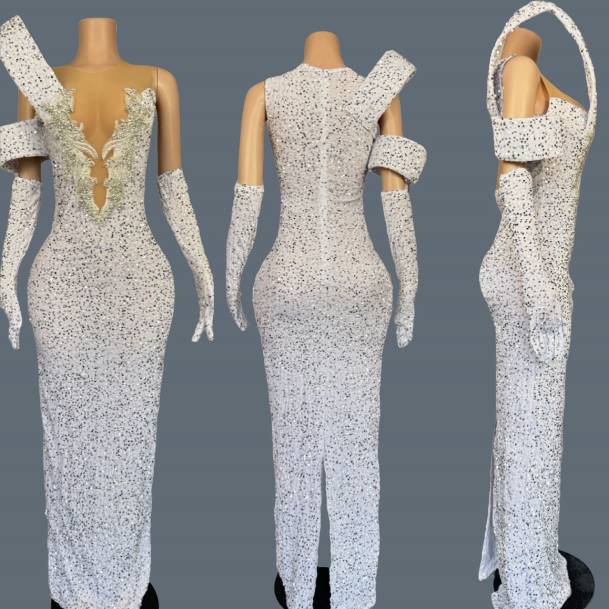 Sparkly Rhinestone Club Party Dress - キラキラ輝くラインストーン付きディープVネックロングドレス クラブ フェスティバル お祝いパーティー タイトフィット ホワイトイブニングドレス