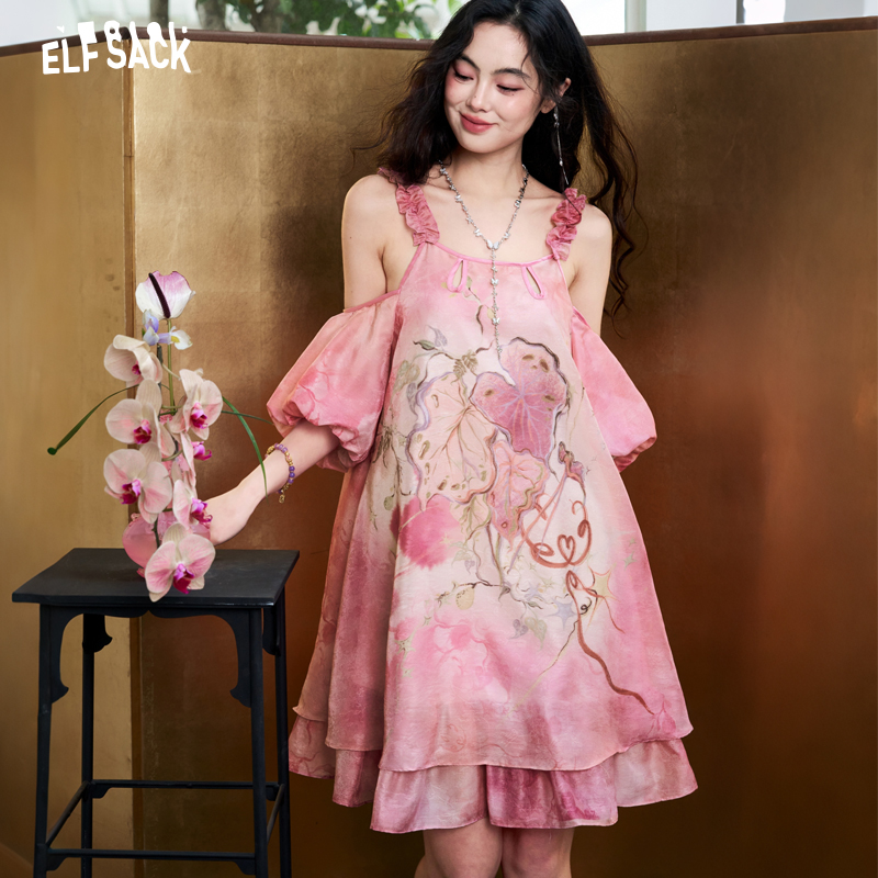 Off Shoulder Puff Sleeve Sundress - ELFSACK レディース タイダイ ジャカード シフォン ドレス、ホルター