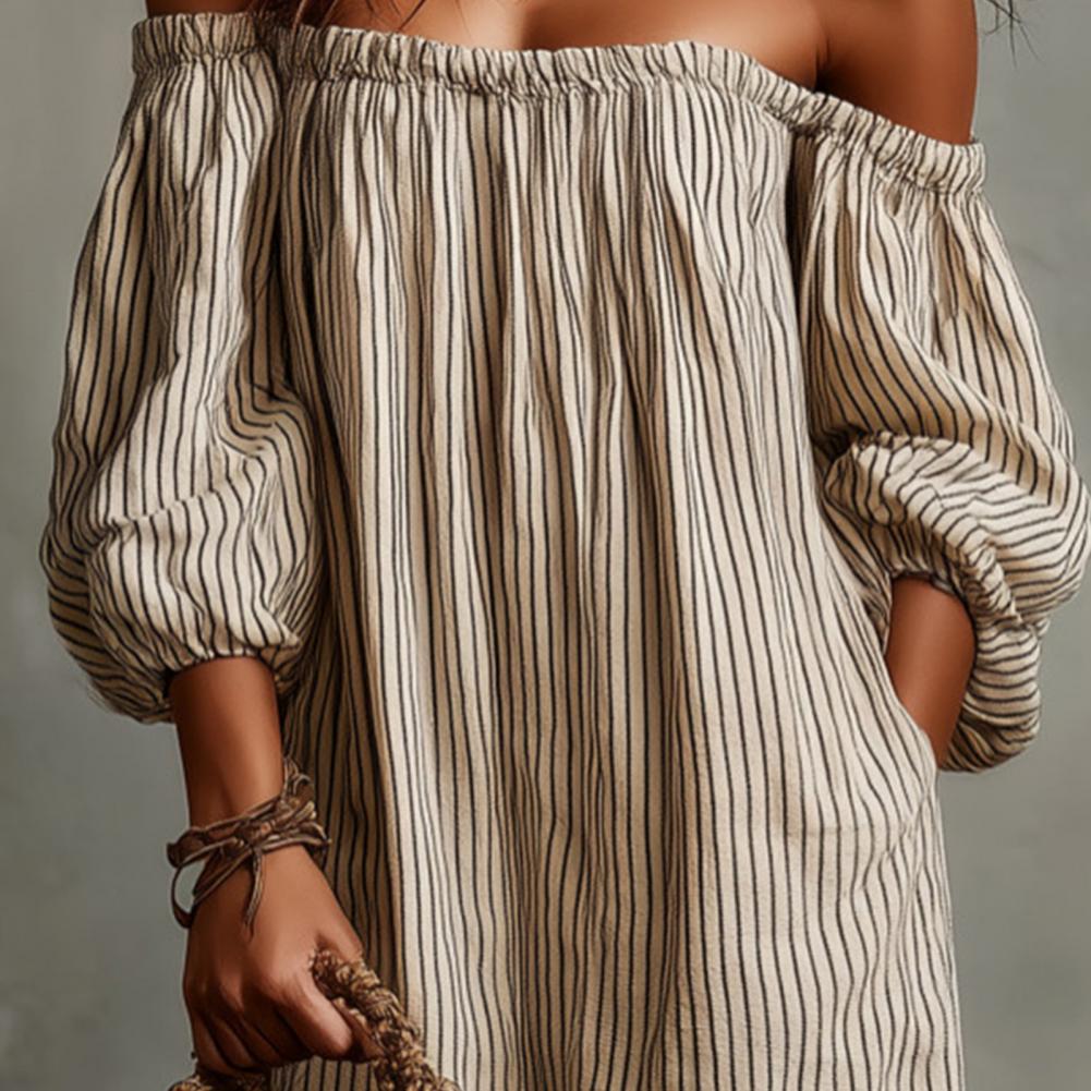 Off Shoulder Puff Sleeve Sundress - 春夏の女性のオフショルダーマキシドレスストライプパフロングドレス夏のビーチ休暇サンドレスポケット付きセクシーなオフショルダー