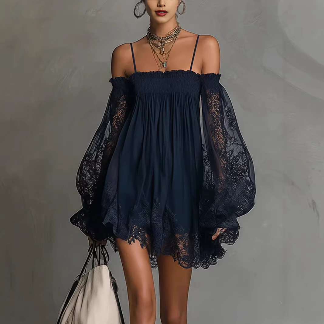 Off Shoulder Puff Sleeve Sundress - オフショルダーレースミニドレス、スパゲッティストラップ、シアーパフスリーブ、フローティドレス、女性用ボヘミアンサマーカジュアルレーストリムサンドレス