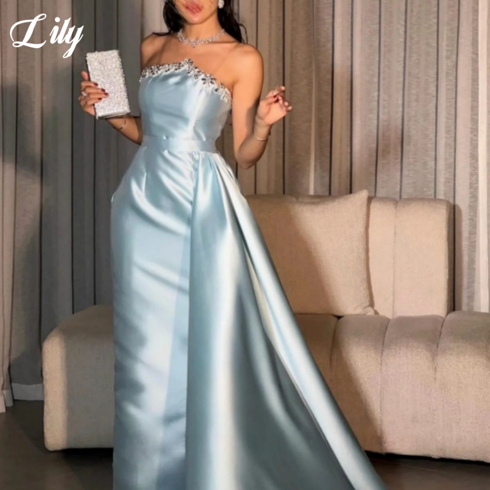 Elegant Satin Evening Gown Split - リリーブルーのエレガントなフォーマルガウン光沢のあるラインストーン背中の開いたウエディングドレスサテンスプリットプリーツマーメイドイブニングドレスカスタマイズ