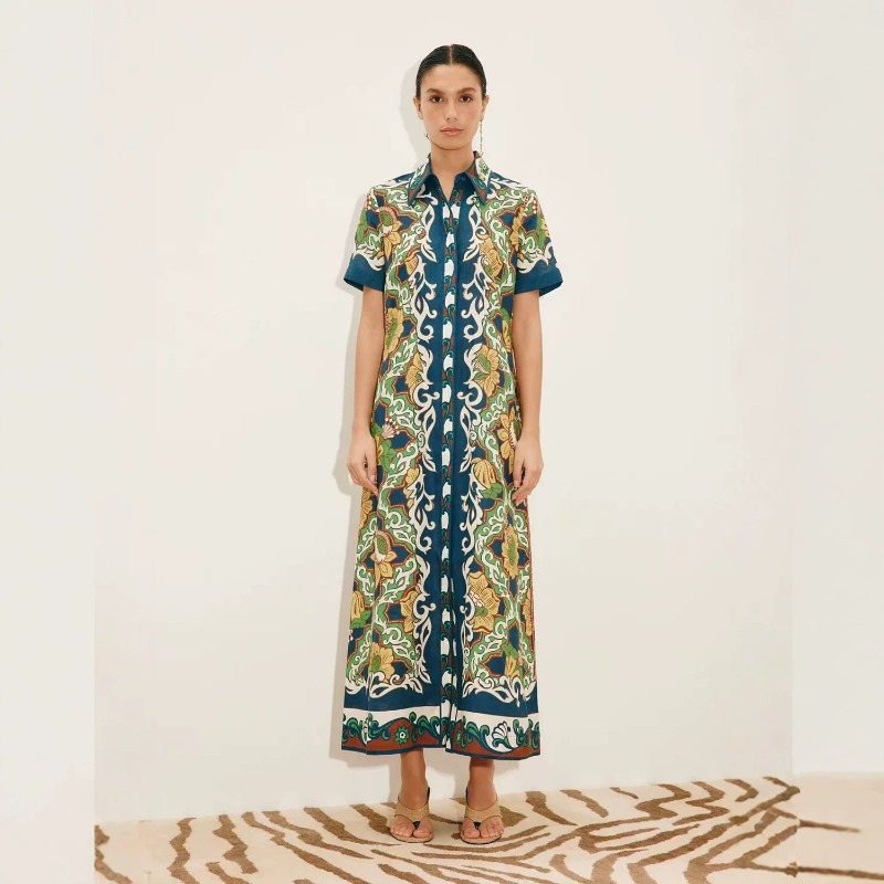 Casual Loose Linen Shirt Dress - 2026年秋新作オリジナルトレンドレディースリネン花柄プリントマキシシャツドレス半袖カジュアルファッションロングワンピース