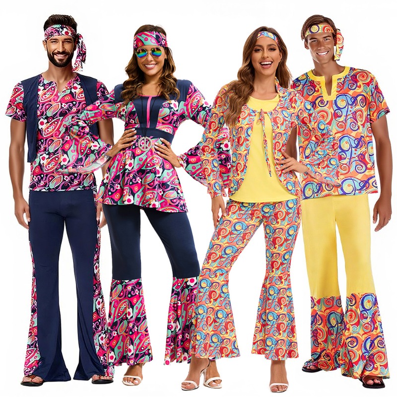 Tops - カーニバル風コスプレ衣装、レトロな70年代スタイル、上下セット、大人向けの女性・男性用、ホリデーテーマのパーティー、ロールプレイング衣装。