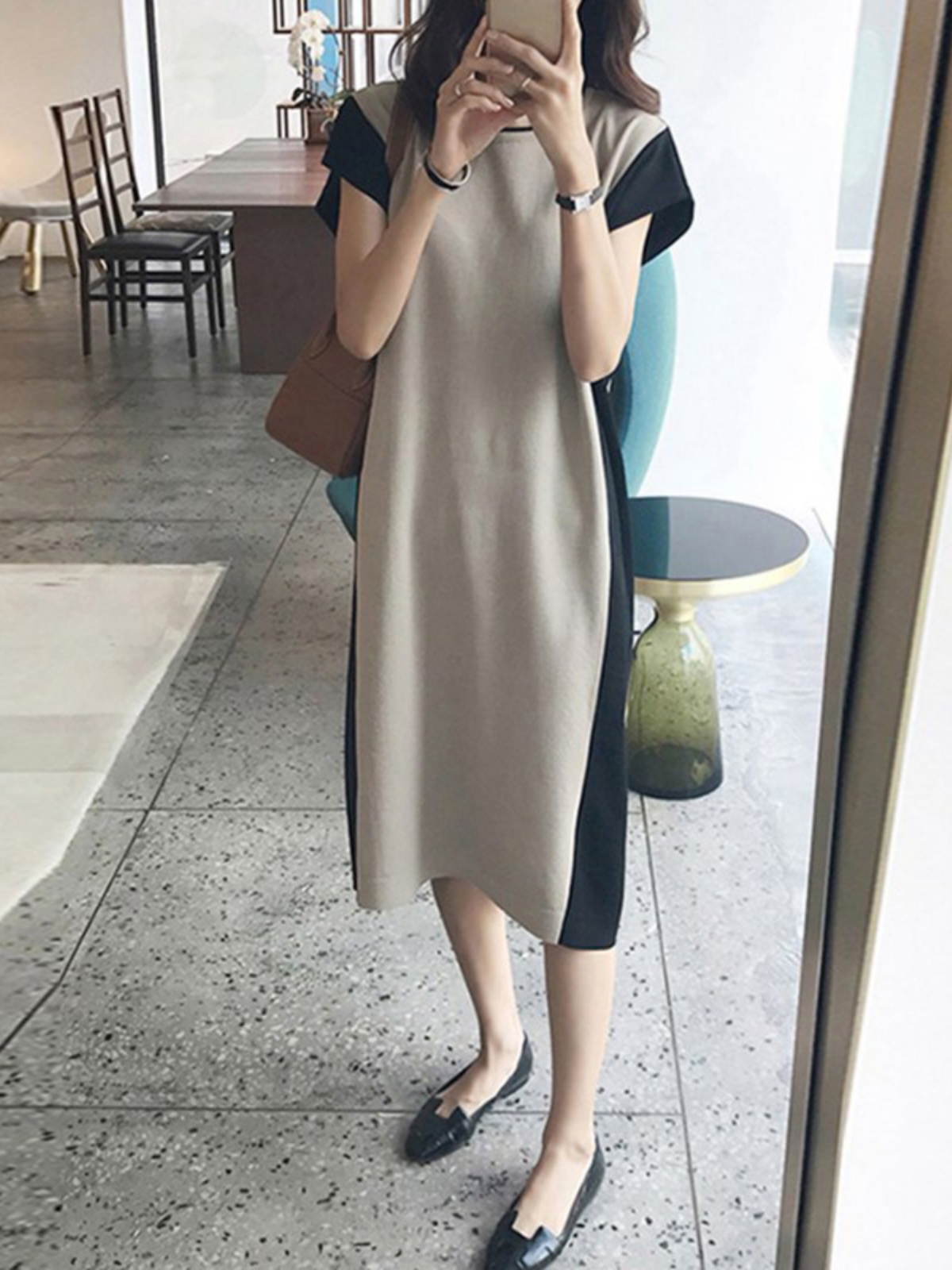 Korean Style A Line Shirt Dress - 痩身効果のあるミドル丈ベストTシャツワンピース ハイウエストAラインスカート 韓国風 通勤 ポリエステル繊維 春シーズン