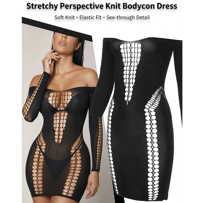 Sexy Mesh Sheer Bodycon Dress - 女性用シースルーメッシュ長袖ビーチカバーアップ、セクシーな透け感のあるフィッシュネットドレス、夏のビーチパーティーに最適なソリッドボディコン