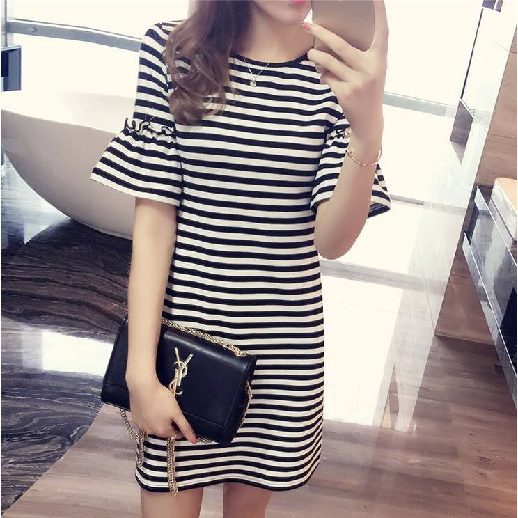 Korean Style A Line Shirt Dress - 夏のストライプドレス女性のミディ丈半袖ベルスリーブ Tシャツファッショナブルな韓国スタイル痩身 A ラインドレス