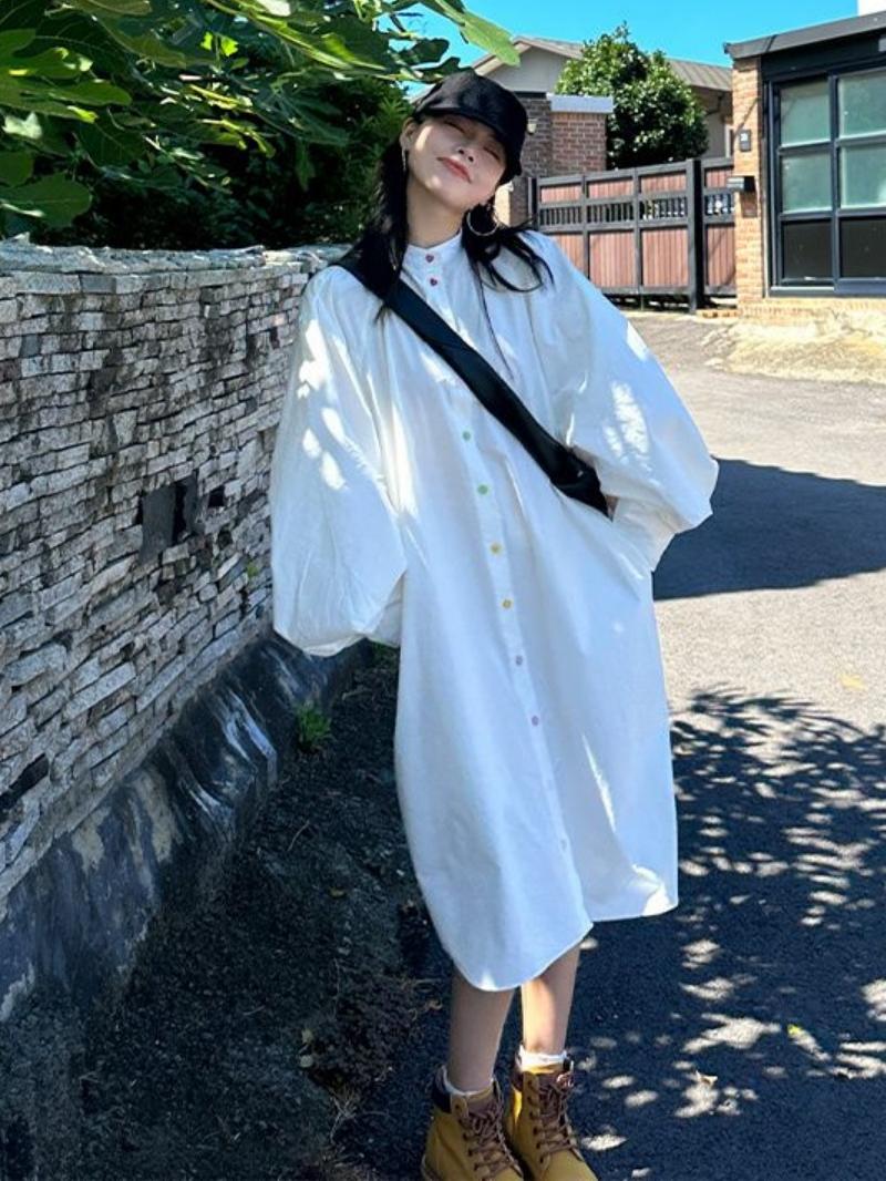 Korean Style A Line Shirt Dress - プラスサイズ レディース 長袖シャツワンピース シングルボタン ハイウエスト Aライン