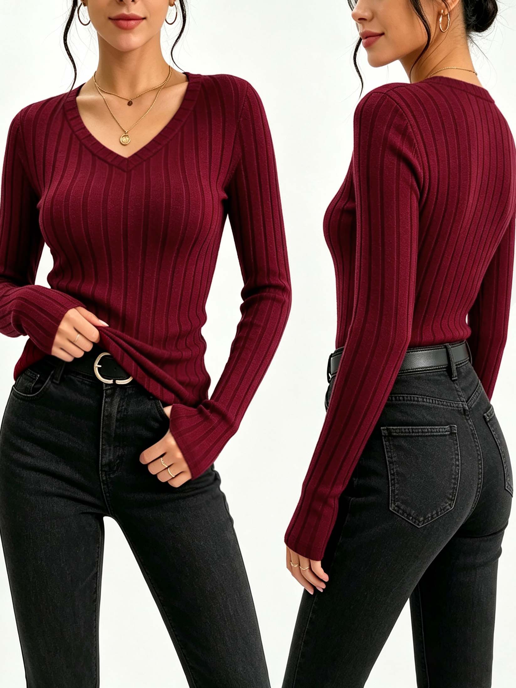 Blouses - レディース無地Vネックリブニットトップ、スリムフィットストレッチ長袖ベーシックカジュアルTシャツ