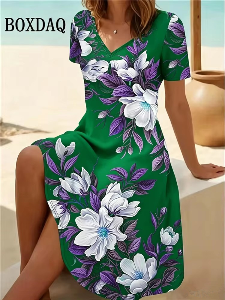 Boho Summer Beach Maxi Dress - 6XL プラスサイズの女性のドレス夏のビーチカジュアル A ラインドレスヴィンテージボヘミアン花柄半袖 V ネックルーズドレス