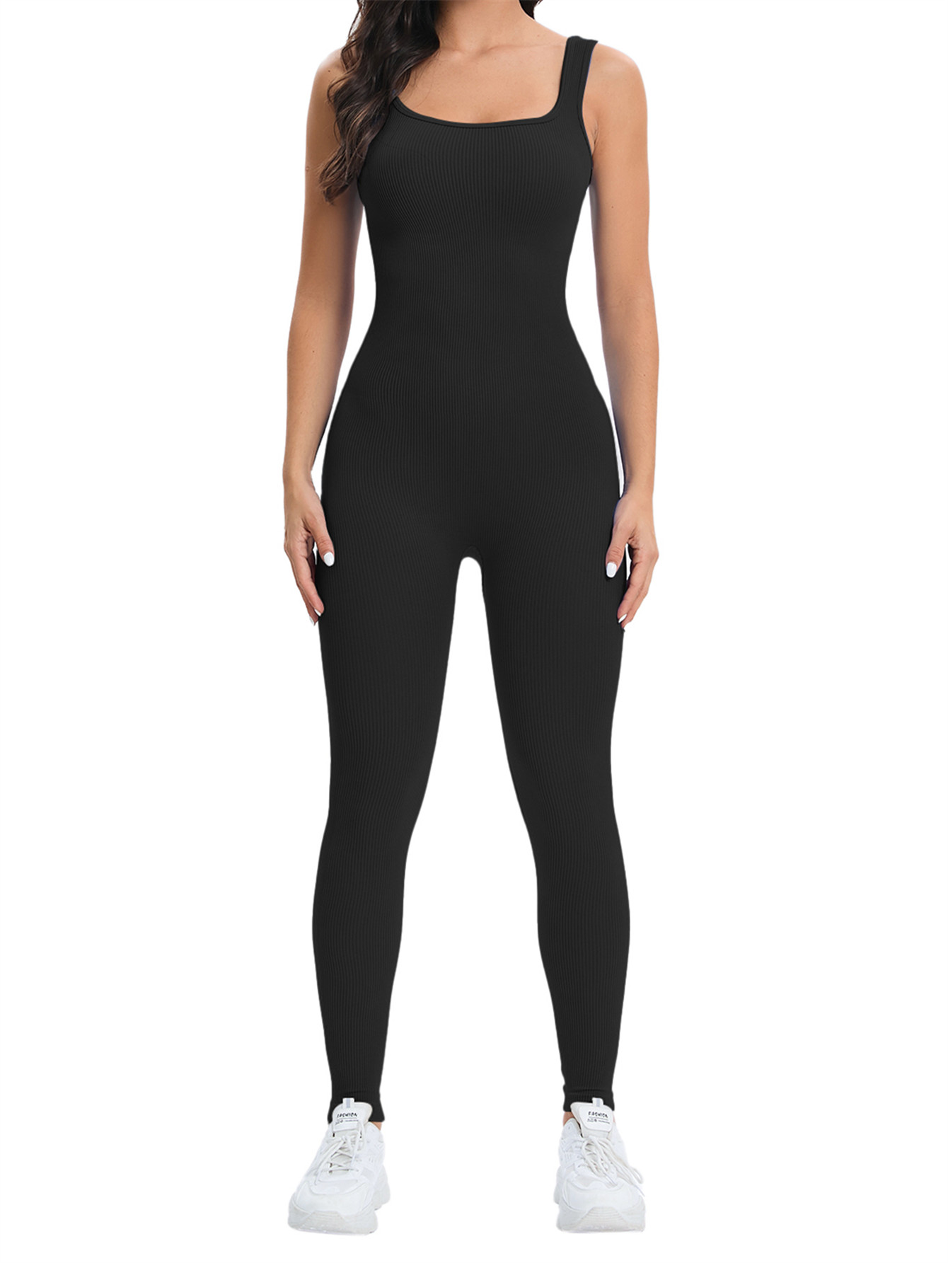 Seamless Ribbed Workout Tank Top - 女性用ワークアウトシームレスジャンプスーツ ヨガ リブ編み ボディコン ワンピース タンクトップ