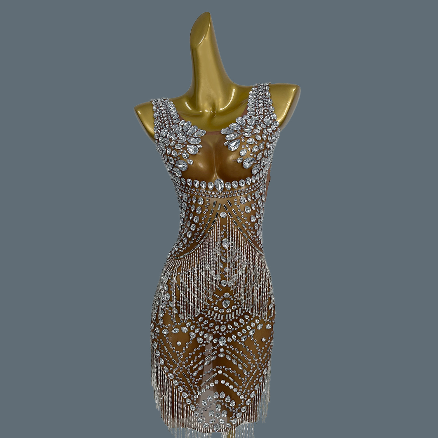 Sparkly Rhinestone Club Party Dress - セクシーなイブニングドレス 女性用 フォーマル キラキラ輝くラインストーン ブラウン シアーメッシュ