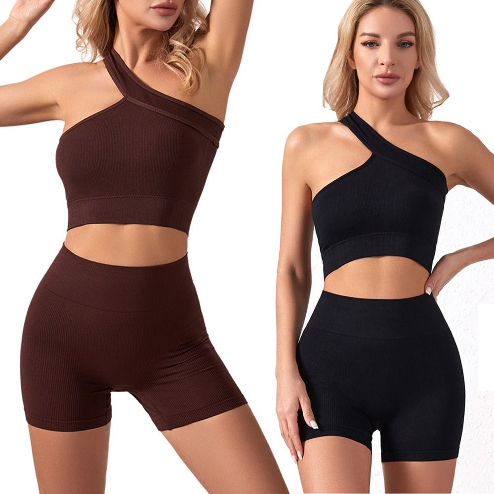 Seamless Ribbed Workout Tank Top - 2点セット、カジュアルでシームレスな女性用ワークアウトウェア、ハイウエストのリブ編み、片肩デザインのタンクトップ、ヨガウェア、若者向け。