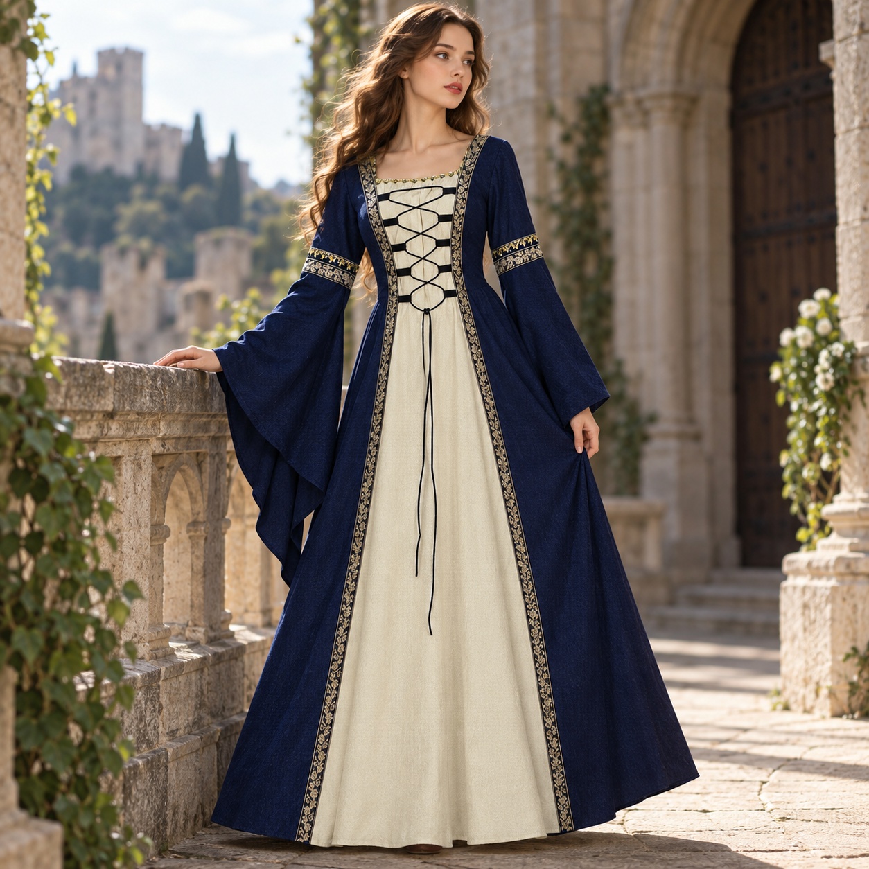 Dresses - ベルスリーブの長袖、Aラインのセクシーなドレス。パッチワークがあしらわれた、マキシ丈のレトロなスクエアネックの、女性向けの文学的な雰囲気のロングドレス。