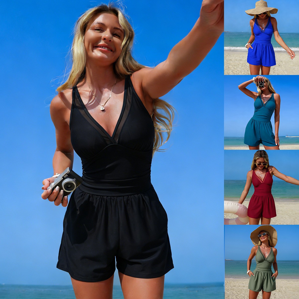 Swimwear - ブラックの無地ノースリーブVネック水着、シアーメッシュパネル付き、ウエストギャザー入り、ハイストレッチ、ホルターネック、ミニ丈水着