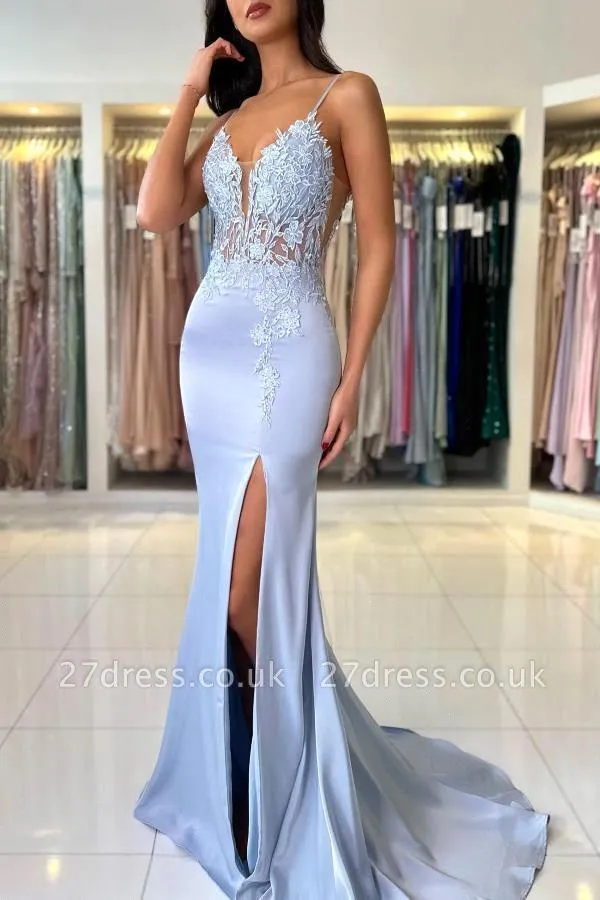 Elegant Satin Evening Gown Split - エレガントなマーメイドライトブルーのプロムドレス、セクシーなスパゲッティストラップ、Vネック、アップリケ付きスリット入りイブニングドレス