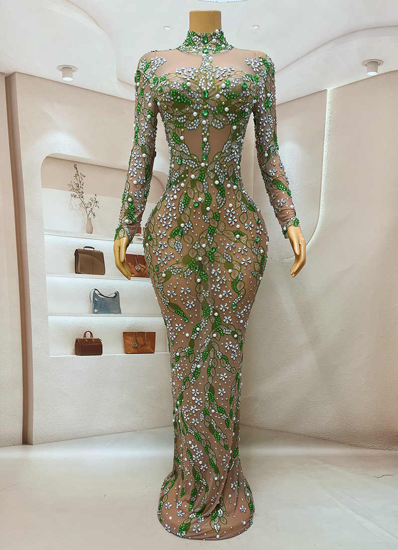 Sparkly Rhinestone Club Party Dress - 長いキラキララインストーンダンサードレス、豪華なイブニングドレス、誕生日のお祝いのためのきらめくドレス、パーティーのためのキラキラ光るドレス