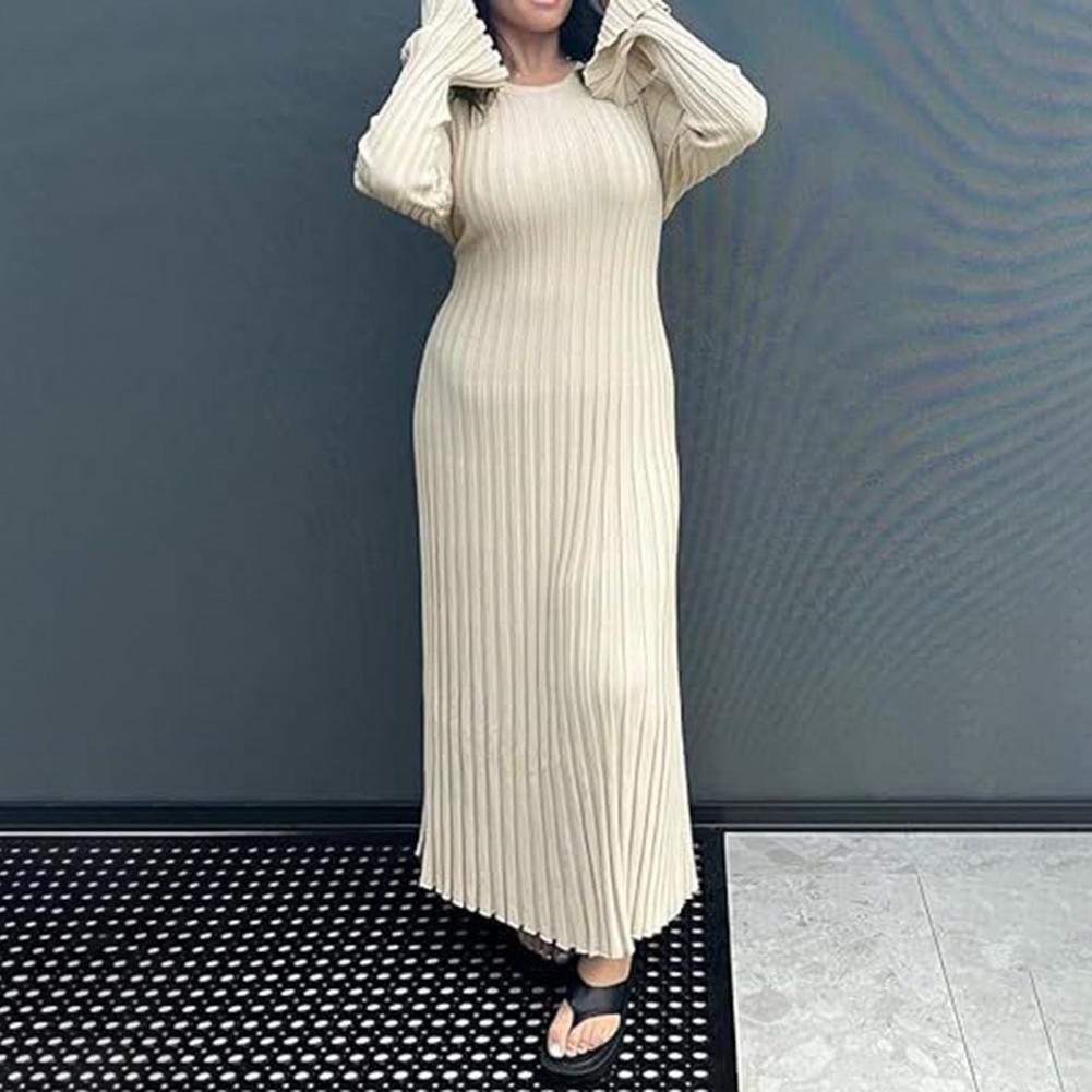 Bodycon Long Sleeve Ribbed Dress - リブニットワンピース レディース 長袖ニットマキシワンピース クルーネック ボディコンセーターワンピース スリムタイウエスト
