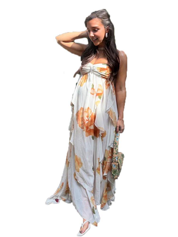 Boho Summer Beach Maxi Dress - ボヘミアン風花柄マタニティフォトシュートドレス ビーチシフォンマキシガウン ホルターネック妊娠服 夏 ベビーシャワー写真撮影 ブティック