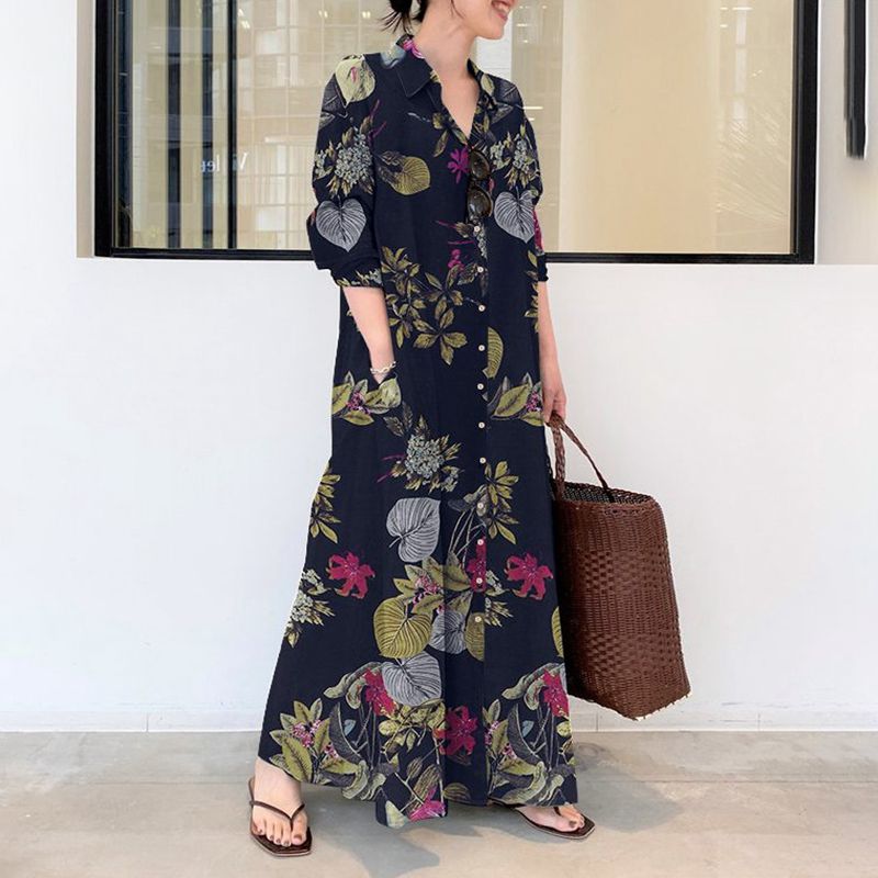 Casual Loose Linen Shirt Dress - 秋の新作プラスサイズカジュアルコットンリネンドレス5XL 6XL 7XLレディースファッションプリントポケットラペルシンプルルーズシャツドレス。