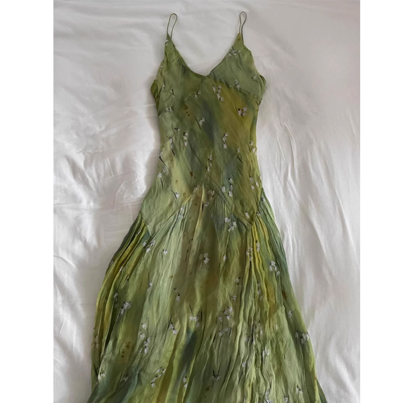 French Vintage Floral Midi Dress - 2025年新作 ヴィンテージ エレガント フレンチフローラルプリント Vネック ストラップレス