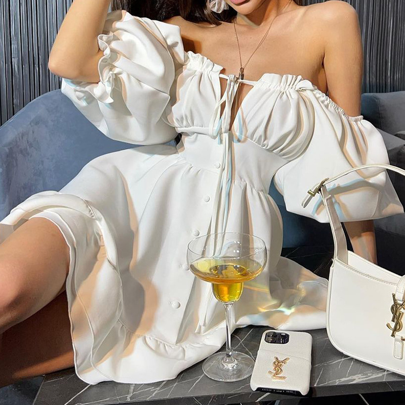 Off Shoulder Puff Sleeve Sundress - 女性のオフショルダーミニドレス夏ソリッドサンドレス半袖フリルボタン中空アウト Vestidos 韓国ボヘミアンパーティードレス