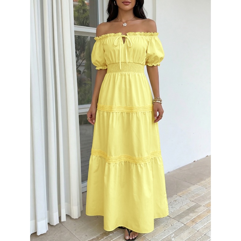 Off Shoulder Puff Sleeve Sundress - 夏のボヘミアンスタイル、女性用イエローオフショルダーコルセット、Aラインマキシ丈ドレス、甘いパフスリーブ、ティアードフローイングビーチバケーションサンドレス