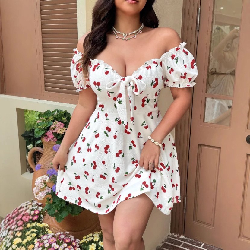 Off Shoulder Puff Sleeve Sundress - 夏の女性のドレス花柄オフショルダードレス女性の夏のサンドレスパフスリーブミディドレスAラインスカートカジュアルドレス