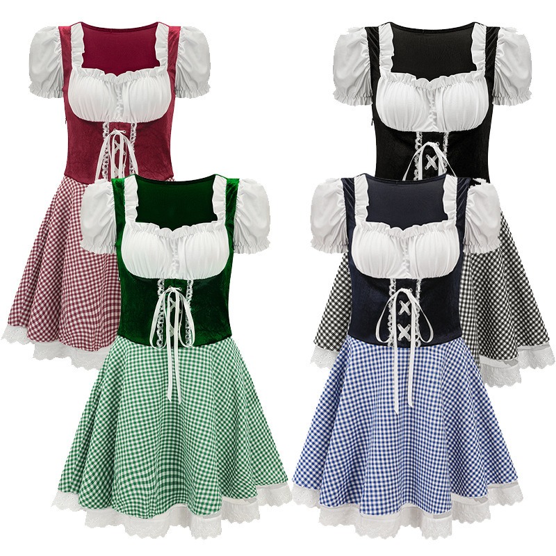 Dresses - 2026年新作、カーニバル風コスプレ衣装。大人女性向けの、面白いオクトーバーフェスト風、半袖ドレス。レトロなテーマのパーティーで着用できる、ロールプレイング用の衣装。
