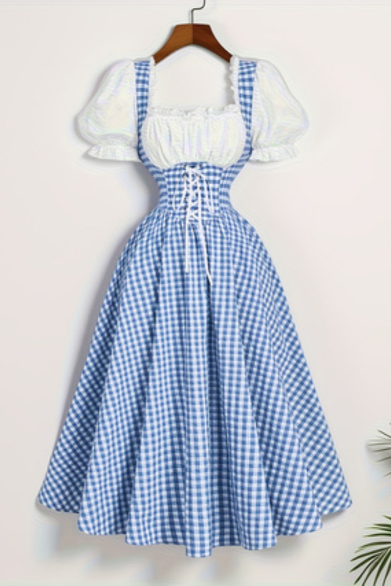 French Vintage Floral Midi Dress - レディースファッション青と白の格子縞スプライシングストラップウエストドレス
