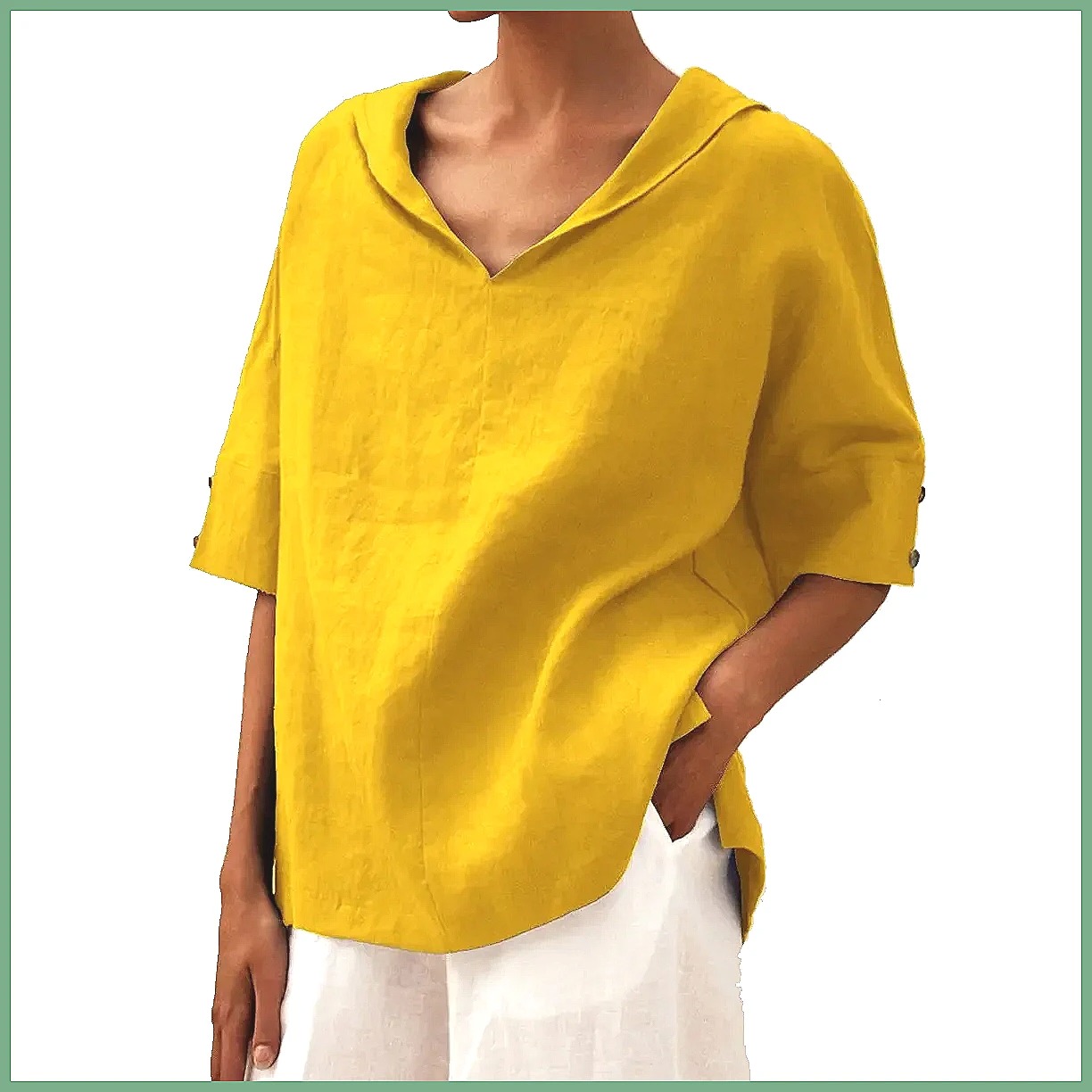 Blouses - レディース ルーズ Vネック コットンリネンシャツ 2026 カジュアル
