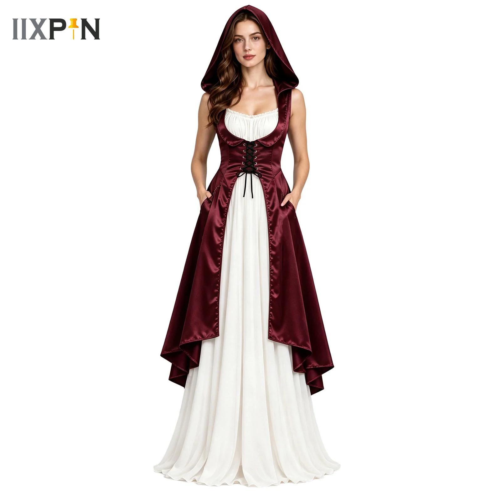 Dresses - レディース・ルネサンス衣装、ハロウィーン衣装、中世風ヴィンテージ・フード付き衣装、レースアップ・ハイローデザイン・サテン製プルオーバーワンピース。