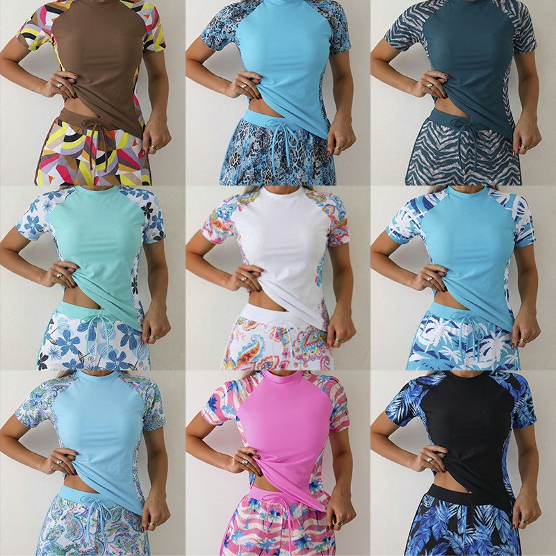 Tops - 女性用タンキニ ショートパンツ付き クロップタンキニトップ 花柄プリント ツーピース水着 ハイウエストショーツ
