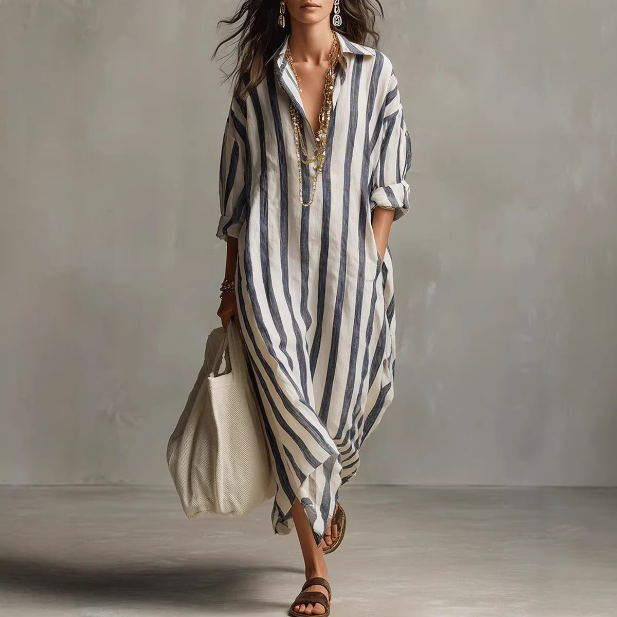 Casual Loose Linen Shirt Dress - 夏のエレガントな折り返し襟のリネンストライプシャツワンピース、ファッショナブルでカジュアルなルーズポケット付きロングワンピース、女性用長袖ワンピース