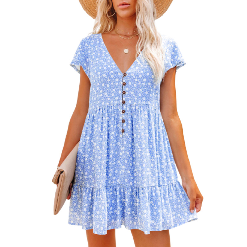 French Vintage Floral Midi Dress - ヨーロッパと春夏の独立したスタンド V ネックボタン小さな壊れた花のルーズな女性のレジャードレスとショート S