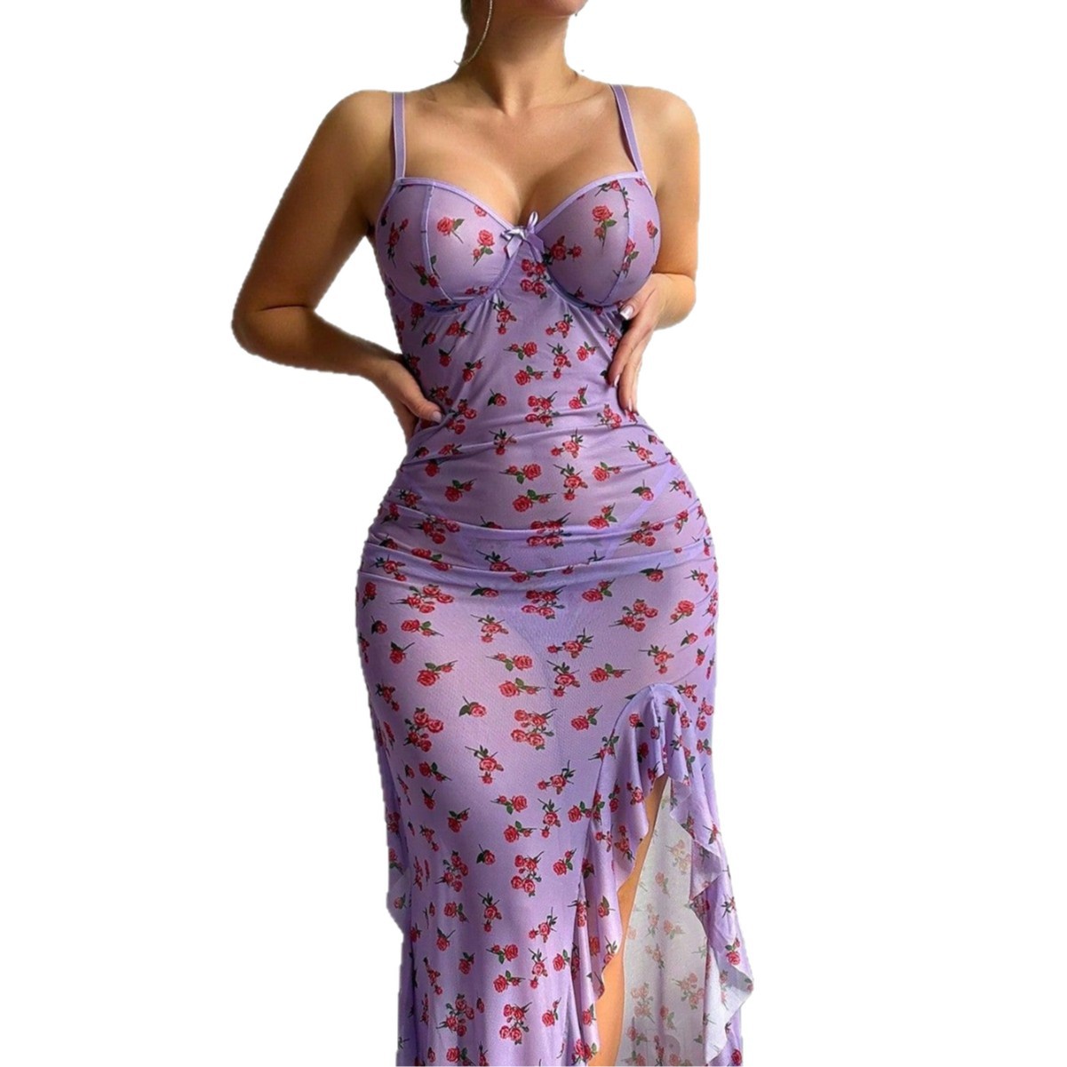 Sexy Mesh Sheer Bodycon Dress - 透け感のあるメッシュ素材を使用した、プラスサイズ向けのセクシーなランジェリー。紫色のレースプリントが施されたメッシュスリップドレス。魅惑的なボディコンシャスなデザインのメッシュスリップミディドレス。KS2B。