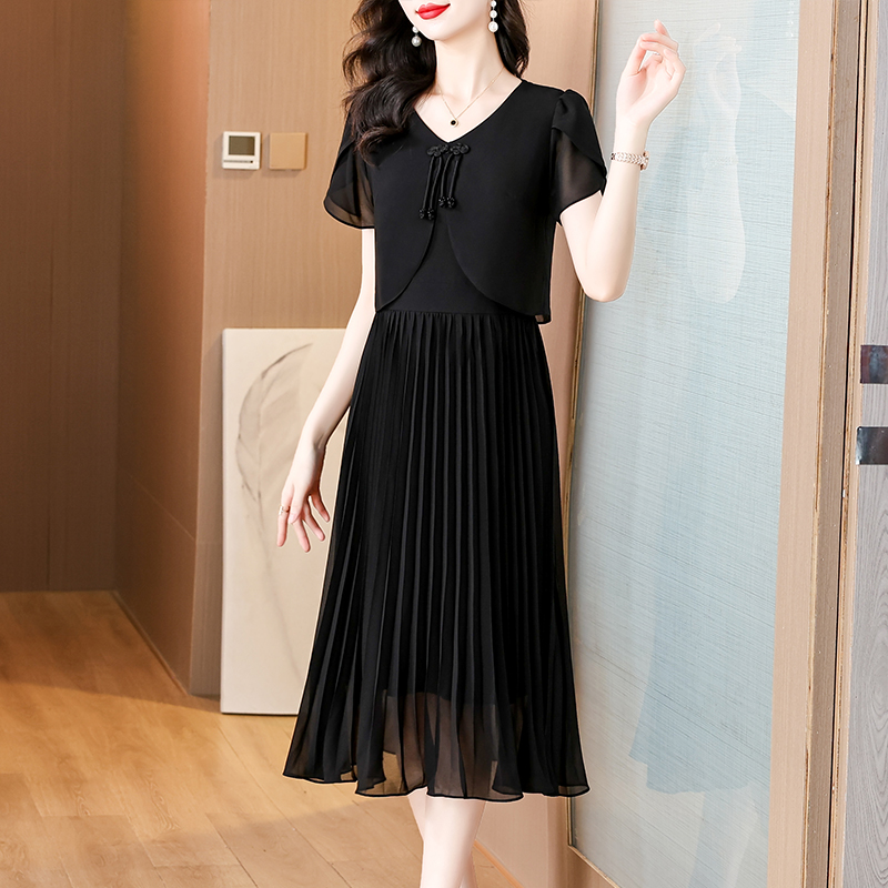French Vintage Floral Midi Dress - 2025 夏固体シフォンカジュアルミディプリーツドレス韓国ヴィンテージヘップバーンドレス女性半袖エレガントなボディコン Vestidos