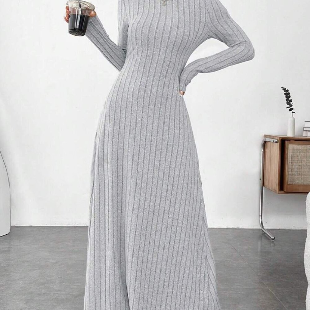エレガントな秋のハイネック長袖スリムドレス、女性用無地リブニ - Bodycon Long Sleeve Ribbed Dress のレビューと価格